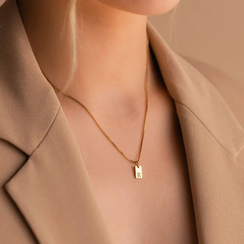 Alphabet A-Z Name Tag Pendant Necklace Gold Plated Stainless Steel Square Initial Necklaces for Women Trendy Jewelry_voghion.com