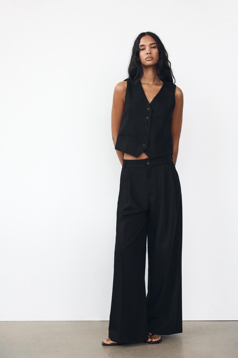Ropa de mujer Otoño e invierno Nueva moda Trajes casuales Chaleco ajustado con cuello en V sin mangas Chaleco versátil Doble pliegue Cintura alta Pantalones anchos_voghion.com
