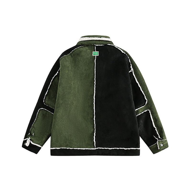 Color Block Patchwork Frayed Jacket Men's Fashion Floral Embroidery Winter Fleece Lamb Wool Cotton Coat Shearling_voghion.com