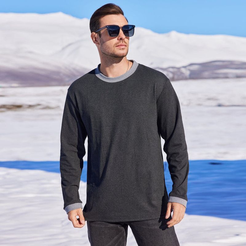 Autumn Winter Tops T-shirt Long Sleeve Round Neck Contrast Color Stitching Knitted Flannel Fashion Men's Clothing_voghion.com