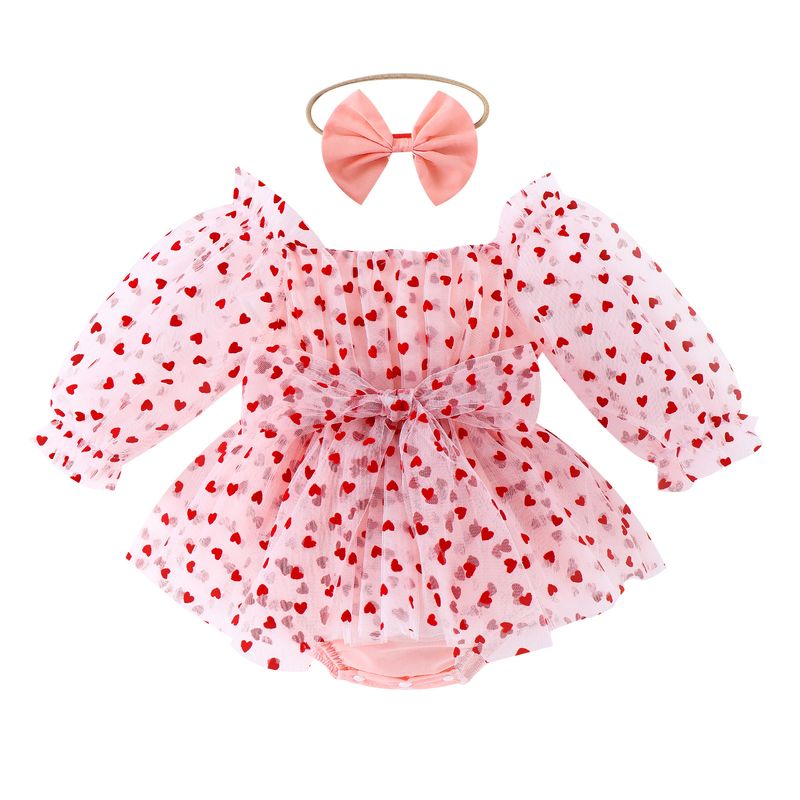 Baoshi Clothing Spring and Autumn New Newborn Children's Love Mesh Harper with Headwear Set_voghion.com