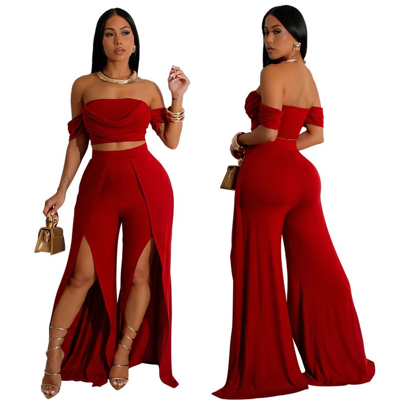 Γυναικεία ρούχα casual κοστούμι Tube Top Split Φαρδύ παντελόνι_voghion.com