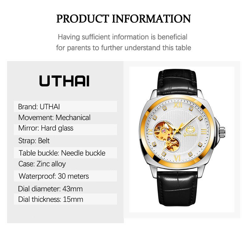 UTHAI M13 Fashionable Men Watch With Diamond Studded Luminous Automatic Mechanical Watch, Business Clock Gift,watches For Man_voghion.com