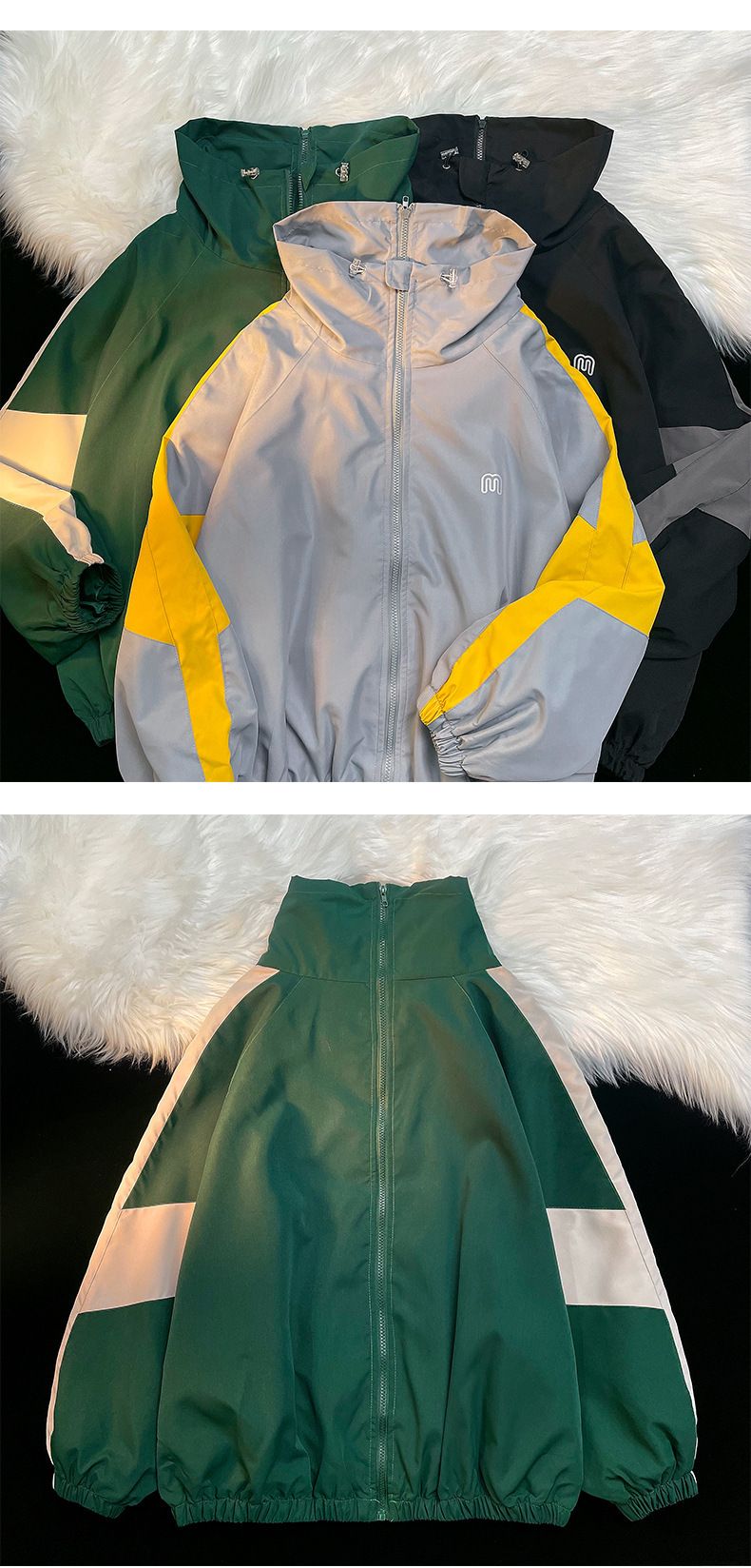 American Retro Workwear Jacket - Unisex Loose-Fit Spring/Autumn Color-Block Stand Collar Couple's Windbreaker_voghion.com