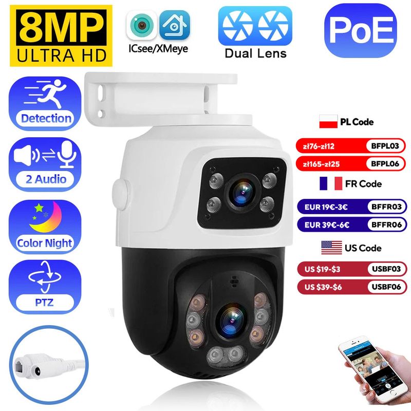 8MP 4K-objektiv POE PTZ Doble skjermer Smart hjem 360° kablet videoovervåking IP-kamera Bevegelsesdeteksjon CCTV ICsee_voghion.com