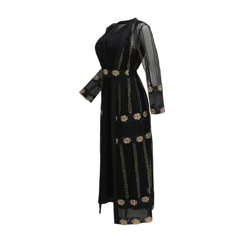 New Muslim Embroidered Mesh Jacket With Chiffon Vest Skirt Suit Kaftan Dress_voghion.com