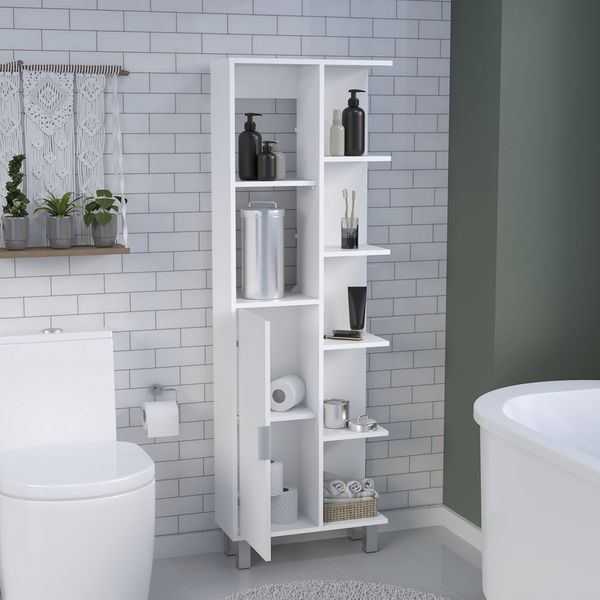 Mott 63' H Linen Bathroom Cabinet With Seven Open Shelves, One Drawer And Four Legs,White_voghion.com