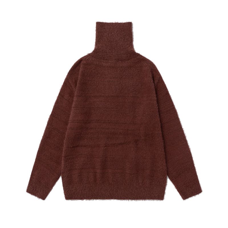 Suéter de gola alta estilo americano divertido com estampa de cachorrinho, masculino e feminino, estilo solto, casual e preguiçoso, tricô com gola alta e blocos de cores_voghion.com