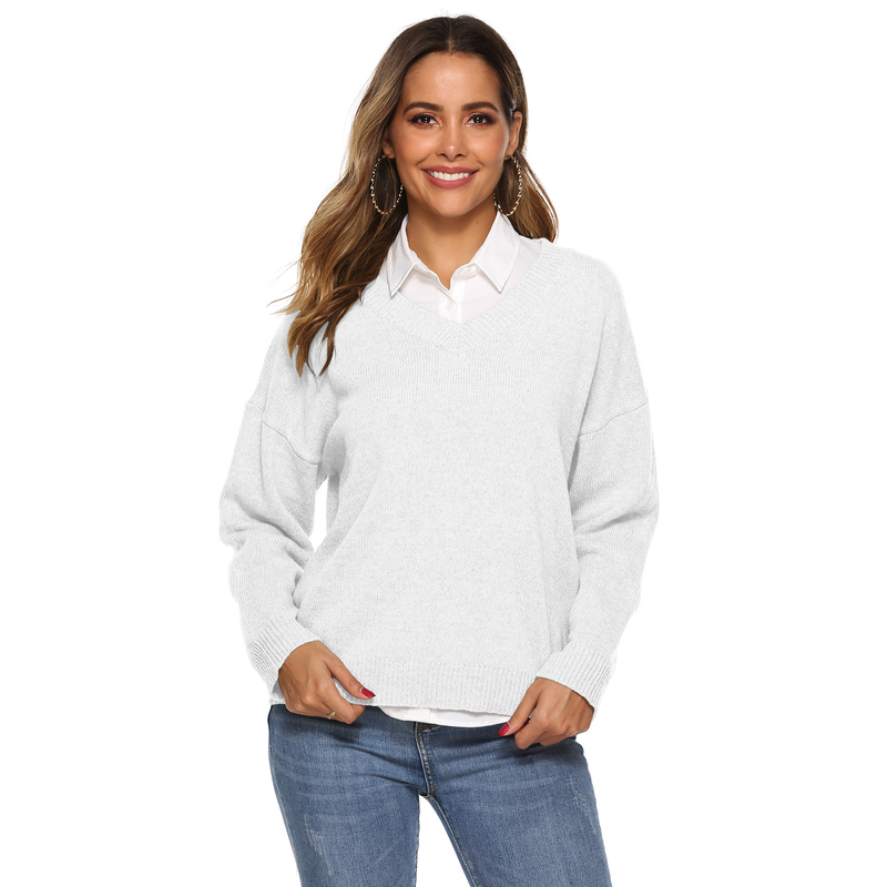Pull ample à col en v tissé simple pour femme, couleur unie, haut chaud_voghion.com