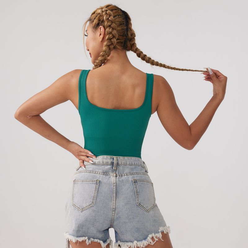 Combinaison de yoga une-pièce moulante à séchage rapide avec pantalon triangle côtelé à col carré_voghion.com