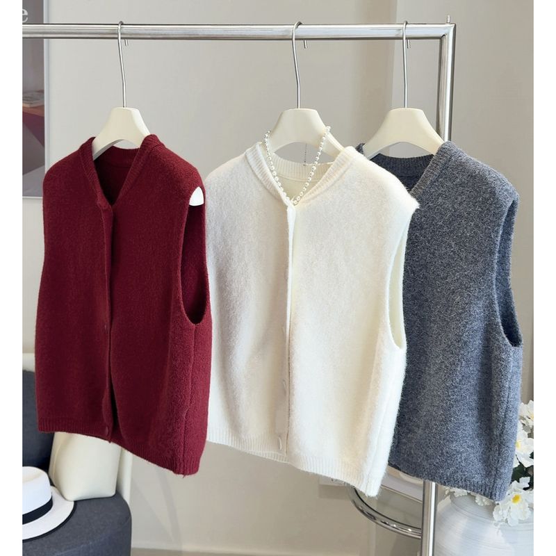 Single-Breasted Knitted Vest For Women, Autumn And Winter New Loose Slimming Soft Sweater, Layered Outerwear, Sleeveless_voghion.com