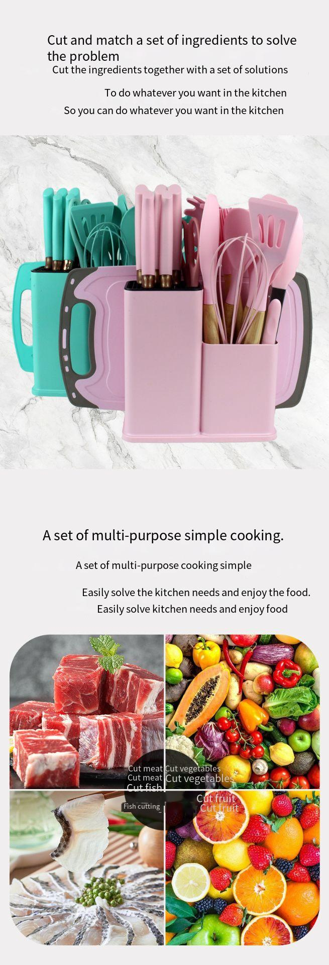 19-teiliges Messerset, Silikon, hochtemperaturbeständig, Küchenutensilien, antihaftbeschichtete Pfanne, Kochspatel, Löffel, Aufbewahrung_voghion.com