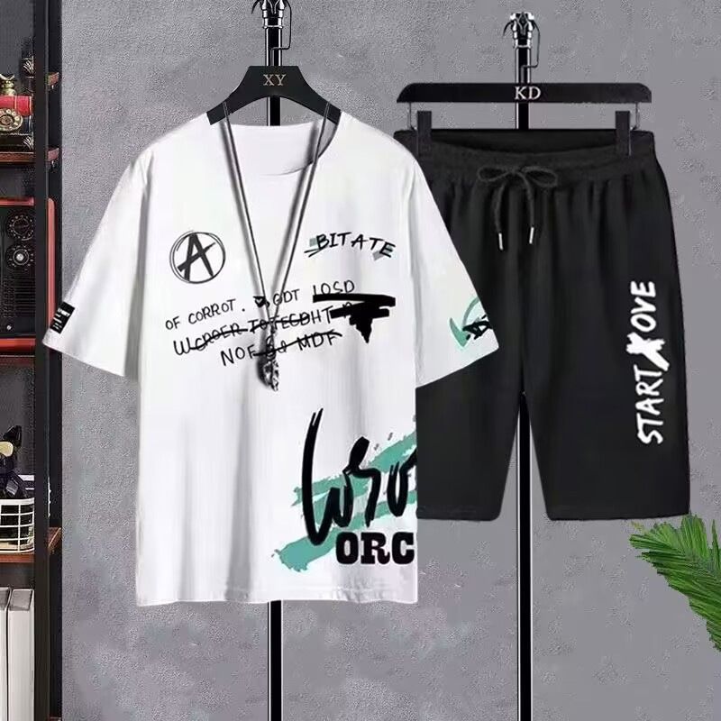 Sommersett med todelt ungdomsshorts, sport, fritid, korte ermer, trendy og løse innerskjorter_voghion.com