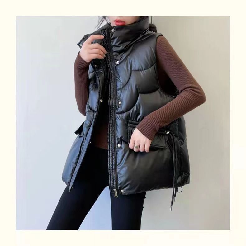 Gilet trapuntato leggero da donna, giacca senza maniche con collo alto, capospalla casual in stile coreano, nero e champagne_voghion.com