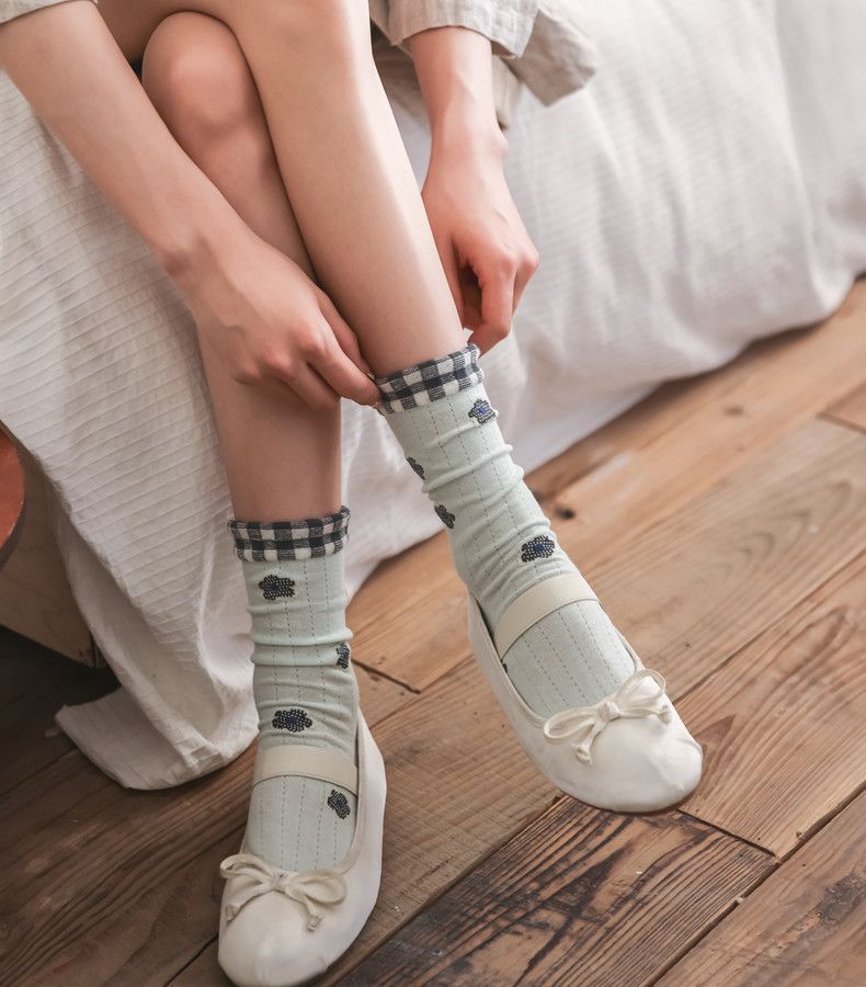 Meias femininas de verão novas de algodão estilo universitário, de seda de vidro, com bloqueio de cores, estilo coreano, com flores, até a panturrilha_voghion.com