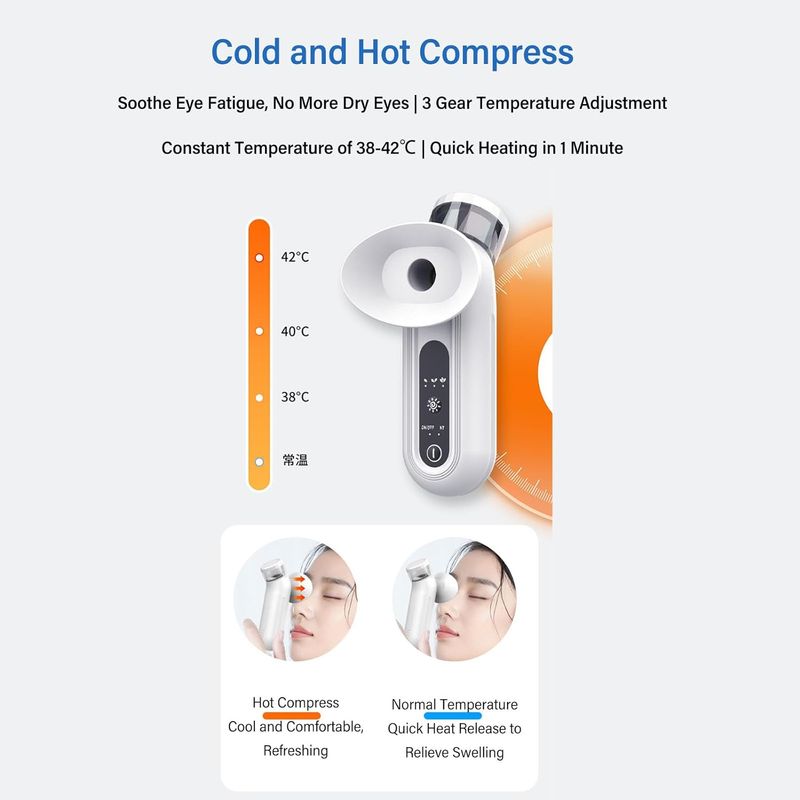 Dispositivo de hidratação ocular Pulverizador ocular recarregável para aliviar olhos secos e hidratar o rosto, compressa quente portátil - Branco_voghion.com
