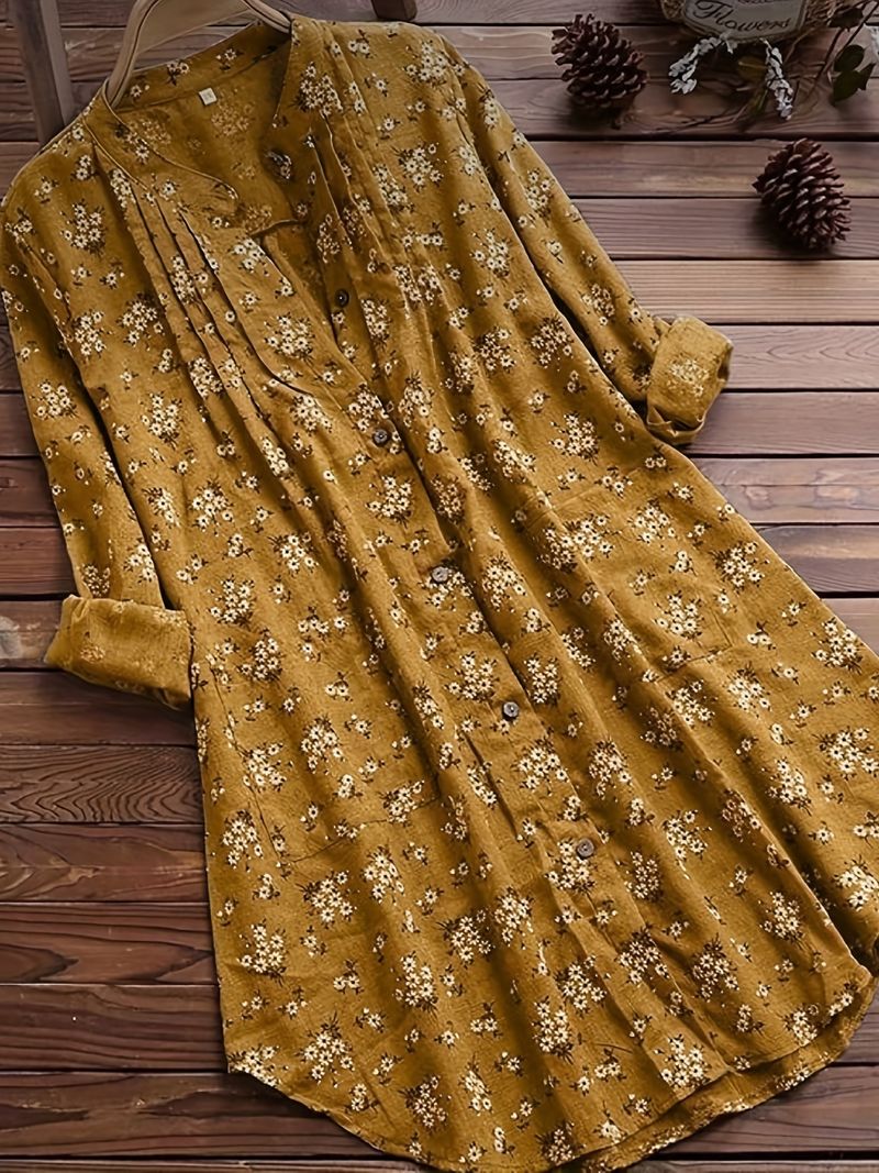 Langärmliges Midi-Oberteil mit Blumendruck in Übergröße, lässiges T-Shirt mit Knopfleiste vorne für Damen in Übergröße_voghion.com