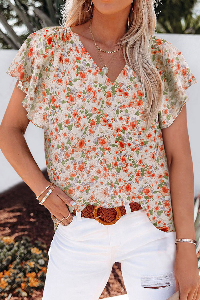 Women's clothing floral print V-neck pullover chiffon shirt_voghion.com