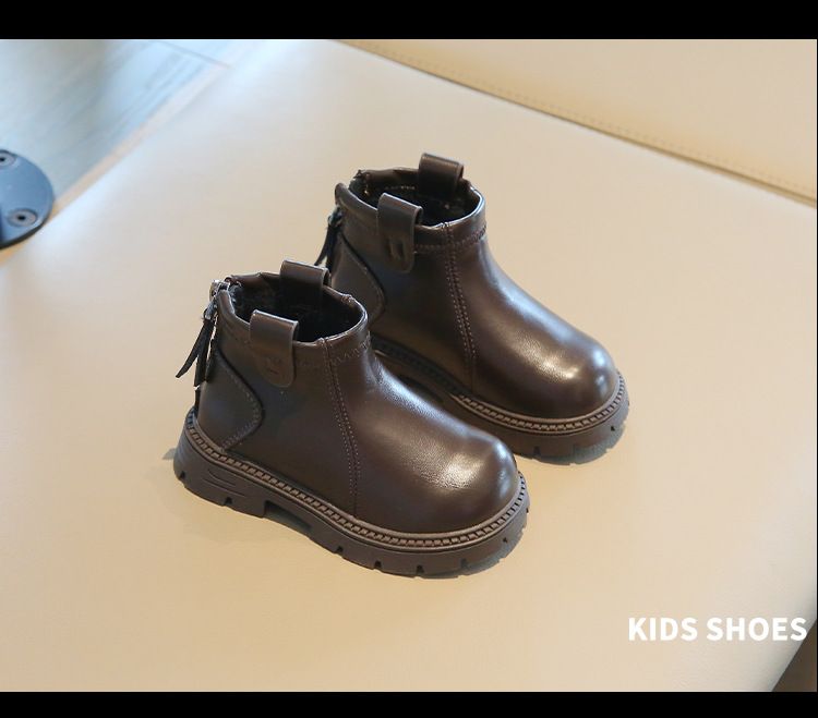 Girls' shoes, solid color short 2024 autumn new item, small and medium-sized children's back zipper cotton boots, baby_voghion.com