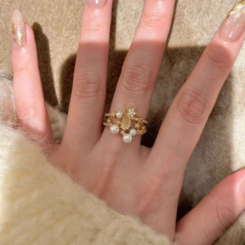 Galaxy Sparkling Exquisite Light Luxury Star Track Pearl Ring For Women New Style Unique Temperament Versatile_voghion.com