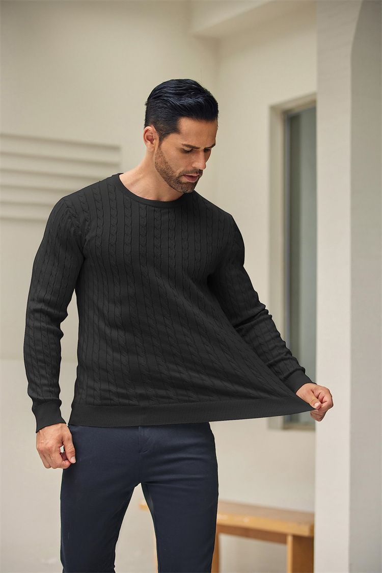"Herren Slim-Fit Zopfmusterpullover – Klassischer Rundhalspullover mit Strukturdesign (Schwarz/Marineblau/Beige, M-3XL)"_voghion.com