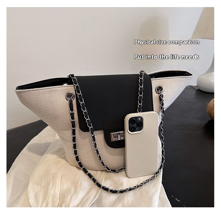 2024 Nuova borsa tote coreana grande capacità borsa a tracolla a contrasto di colore borsa alla moda borsa a cestino con tracolla a catena borsa a tracolla alla moda_voghion.com