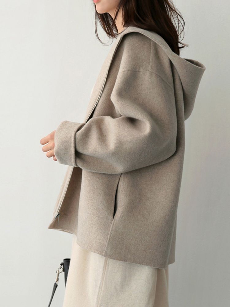 Damenbekleidung, Wollmantel mit Kapuze, lockerer, einfarbiger kurzer Wollmantel für Damen mit Kapuze – übergroße, lässige Tweedjacke für kleine Größen, Schwarz und Khaki_voghion.com