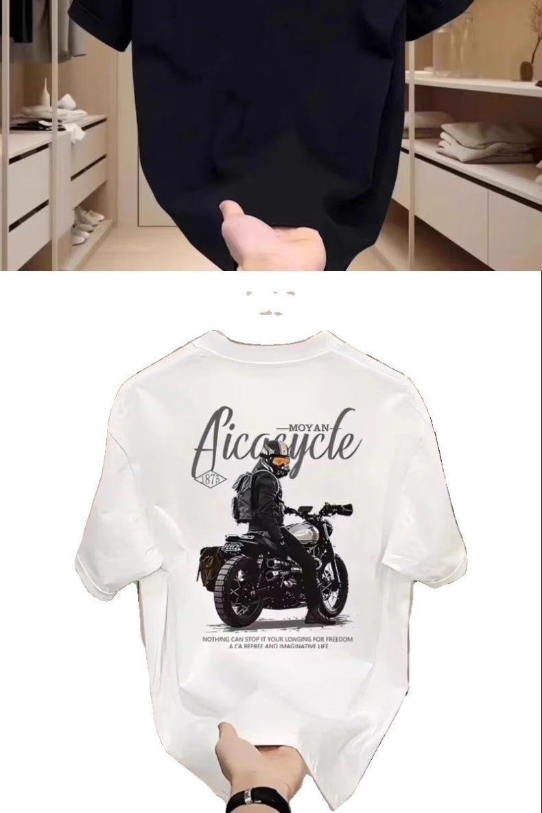 Męska odzież Krótki rękaw T-shirt dla mężczyzn na lato czysta bawełna retro motocyklowy nadruk proste ramiona okrągły dekolt Krótki rękaw T-shirt dla mężczyzn_voghion.com