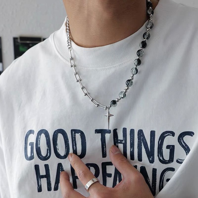 Pandantiv cu patru stele din oțel titan care nu se decolorează, la modă, hip-hop, colier cu mărgele crăpate în gheață, colier bărbătesc de înaltă calitate, cu îmbinare_voghion.com