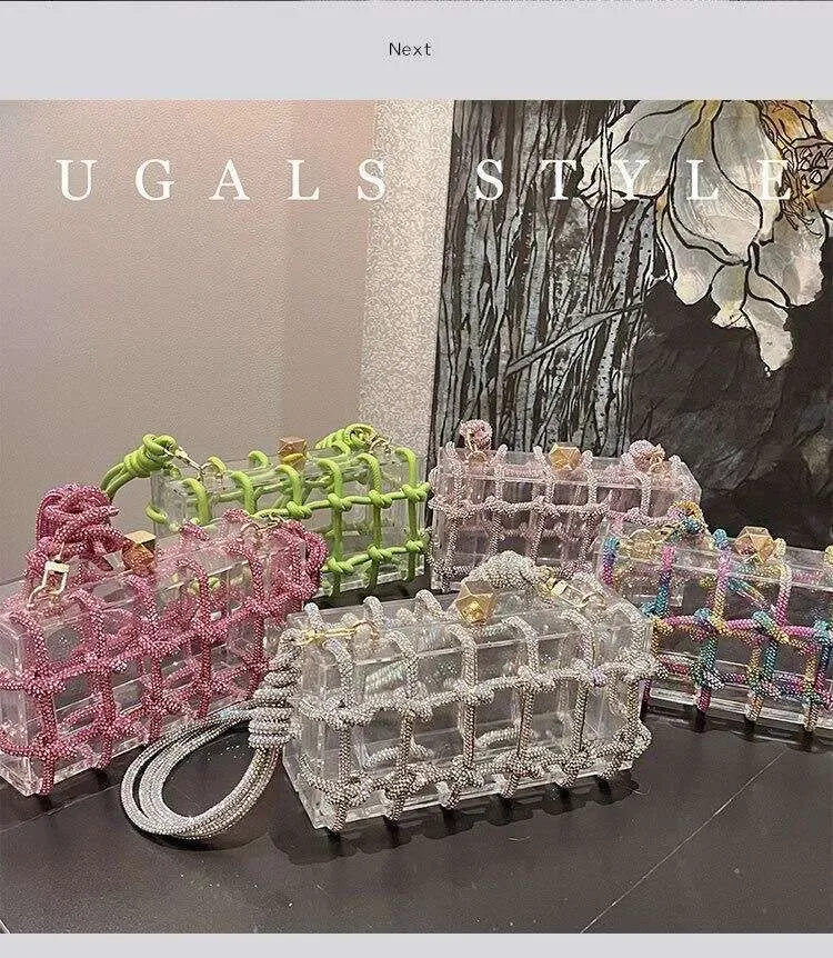 Borsa quadrata trasparente in acrilico con design di nicchia 2025, nuova borsa da sera intrecciata con diamanti, piccola tote per donna_voghion.com