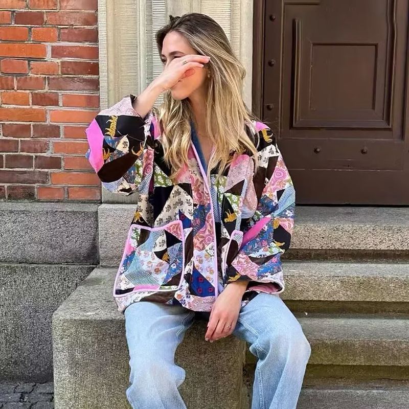 New For Autumn And Winter , Long Sleeved Printed Color Blocked Cotton Clothing Jacket, Women's Top_voghion.com