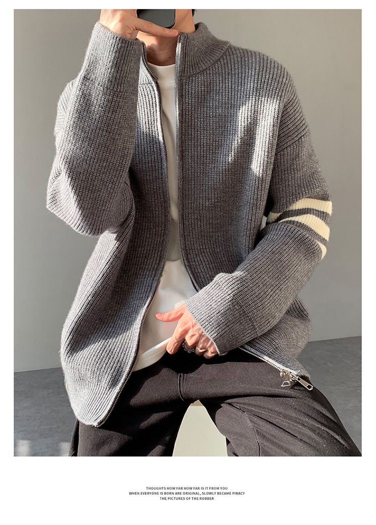 Drei-Streifen-Strickpullover-Cardigan für Herren, Stehkragen, locker lässig für Herbst und Winter_voghion.com