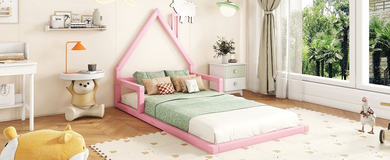 Kinderbett 90x200cm In Hausform, Massivkiefer, Rosa_voghion.com