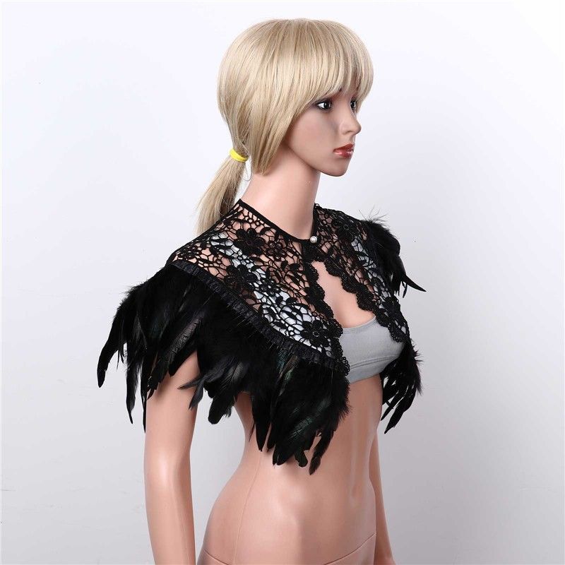 LuvBox Nuovo stile retrò, scialle di piume, cardigan, giacca in pizzo nero, costume da palcoscenico per Halloween, mantello corto_voghion.com