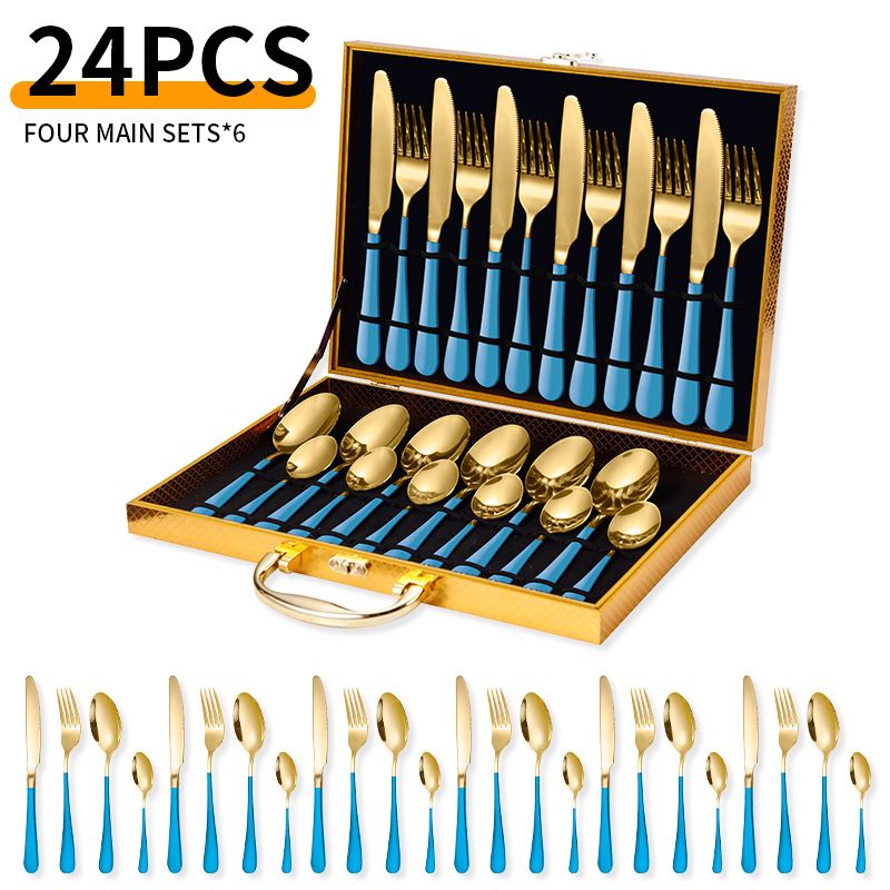 Set di posate in acciaio inossidabile da 24 pezzi, posate occidentali, coltello da bistecca, forchetta, cucchiaio, set di posate in scatola regalo_voghion.com