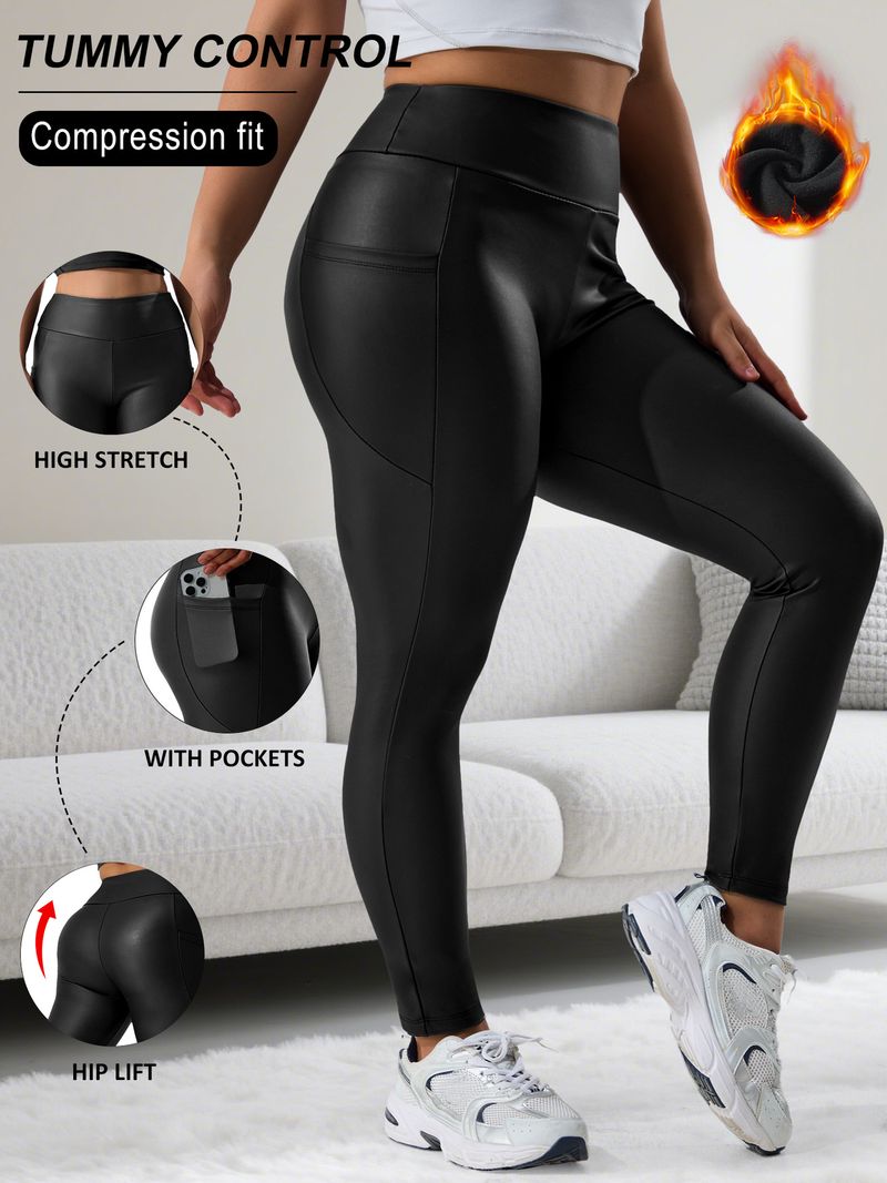 Leggings in pelle PU taglie forti con tasche – Pantaloni da yoga a vita alta con fodera in pile per donna (neri, elastici e comodi)_voghion.com