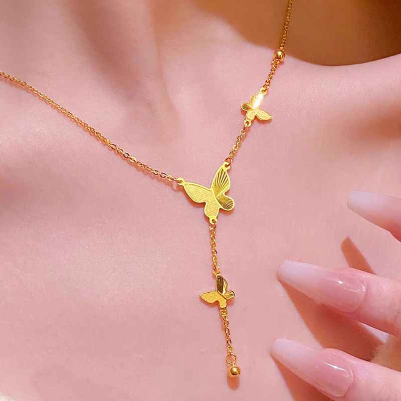 Golden That Does Not Fade, Female Niche High-end Feeling, Titanium Steel Lock Bone Chain, Butterfly Tassel Necklace_voghion.com