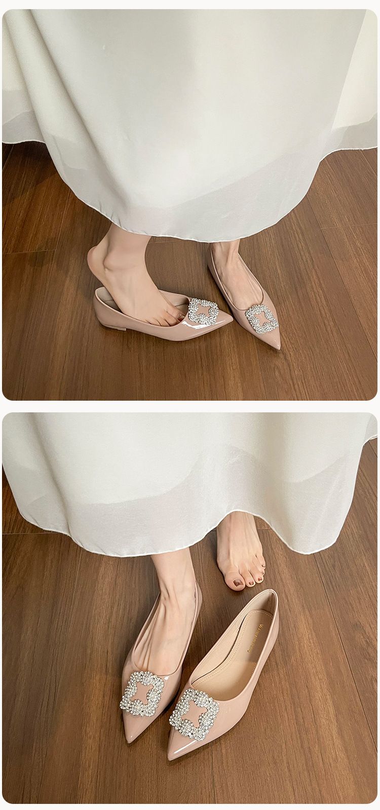 Zapatos franceses sencillos y poco profundos para mujer, zapatos planos de hada con un solo pedal y punta de diamantes de imitación para boda._voghion.com