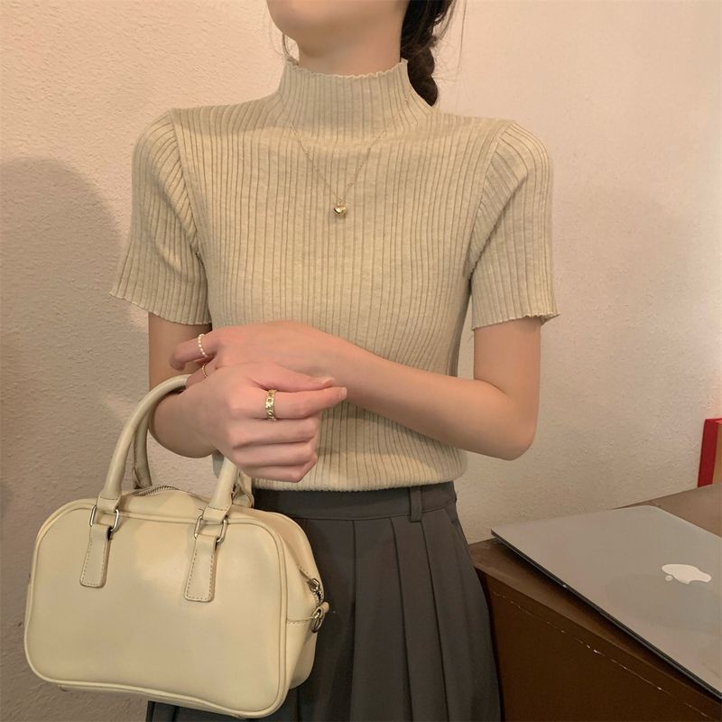 Meia gola alta manga curta feminina verão novo estilo doce e picante chique top com design de listras finas sensação de malha_voghion.com