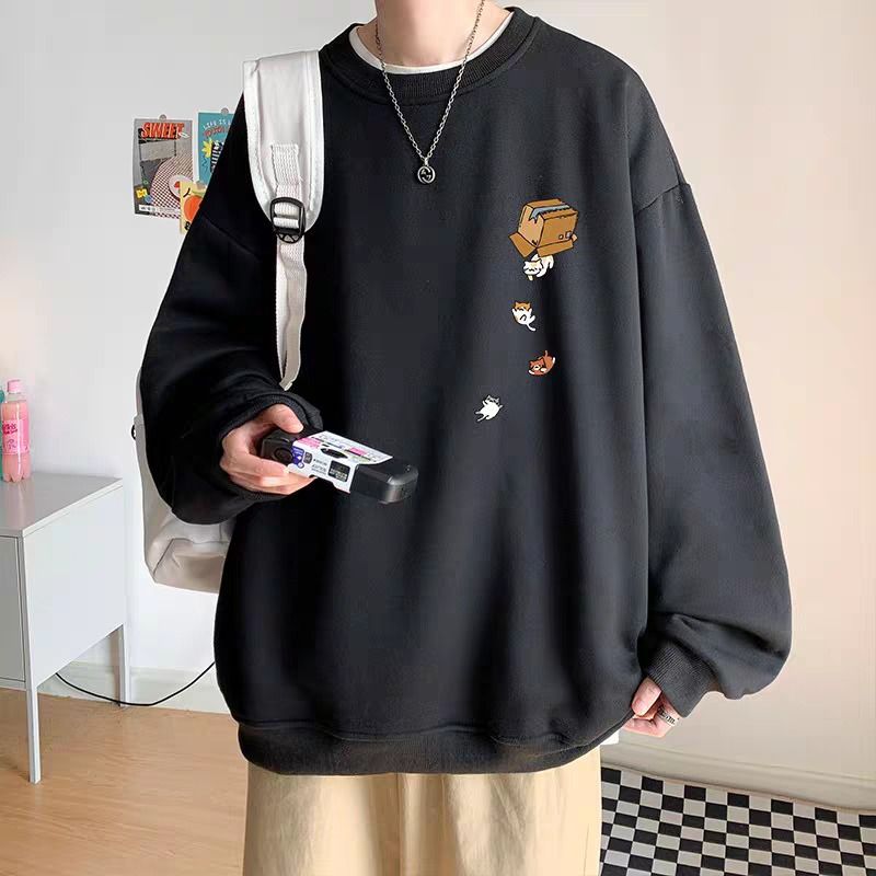 Felpa girocollo primaverile e autunnale da uomo, maglietta con spalle scese stampate, giacca ampia senza cappuccio, coppia alla moda_voghion.com
