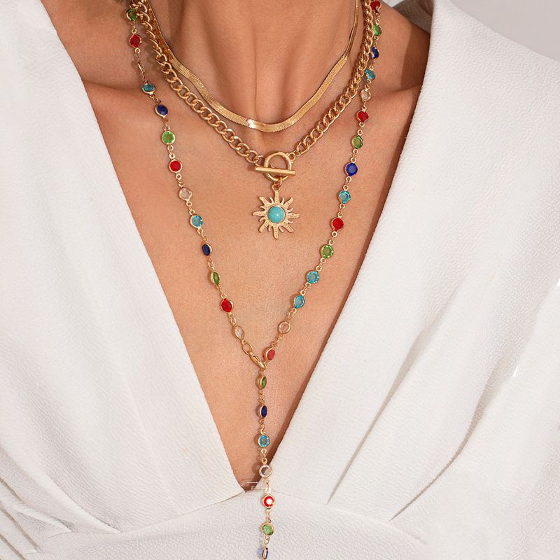 Ins Style Colorful Crystal Snake Bone Chain Necklace, Simple Turquoise Sun Pendant Set, Layered Necklace Accessory_voghion.com