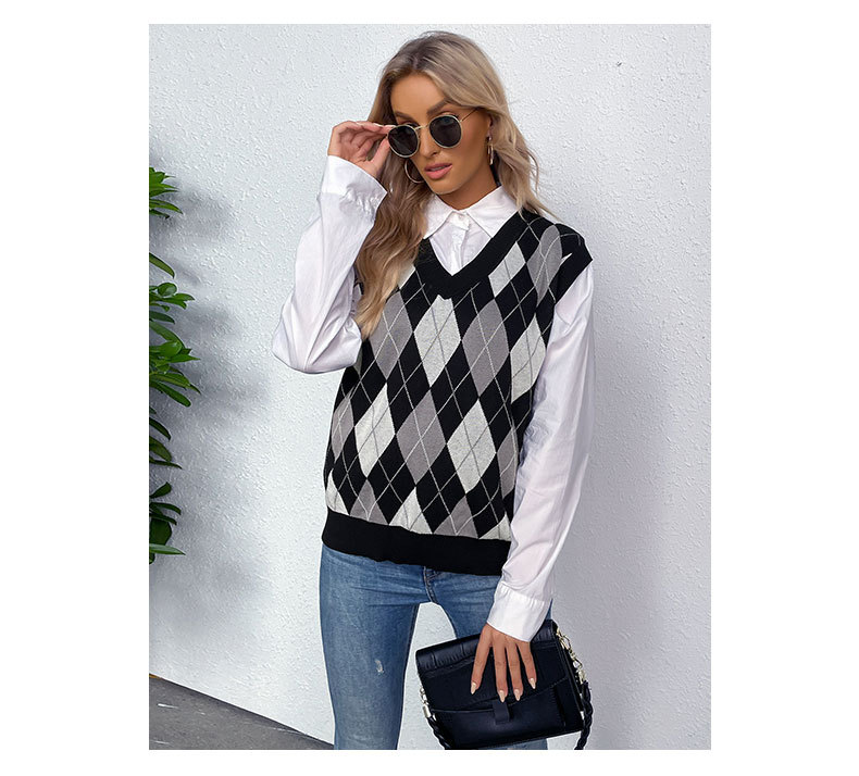 Warme Strickweste mit V-Ausschnitt und Karomuster für Damen_voghion.com