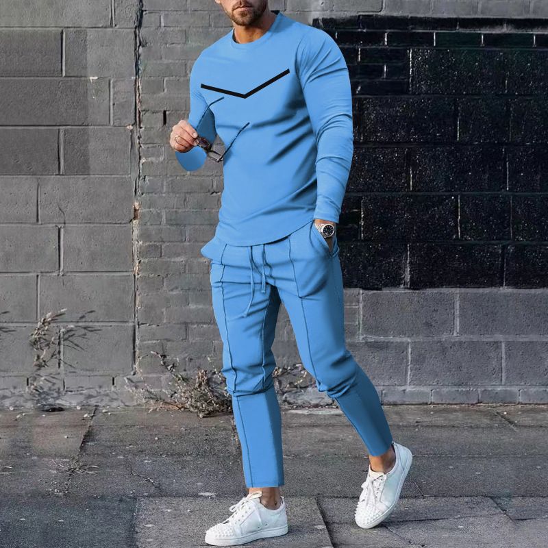 European Clothing Spring Autumn Two-piece Round Neck Long Sleeved T-shirt And Pants Set, Men's Casual Sports Set_voghion.com