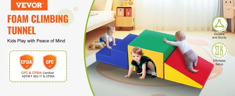 VEVOR Single Tunnel Climber, Toddler Playset, Foam Climbing Blocks For Toddlers, Kids Tunnel Maze With Stairs And Ramp, Indoor For Toddlers And Preschoolers Easy To Clean, 3 Pcs (Assorted)_voghion.com