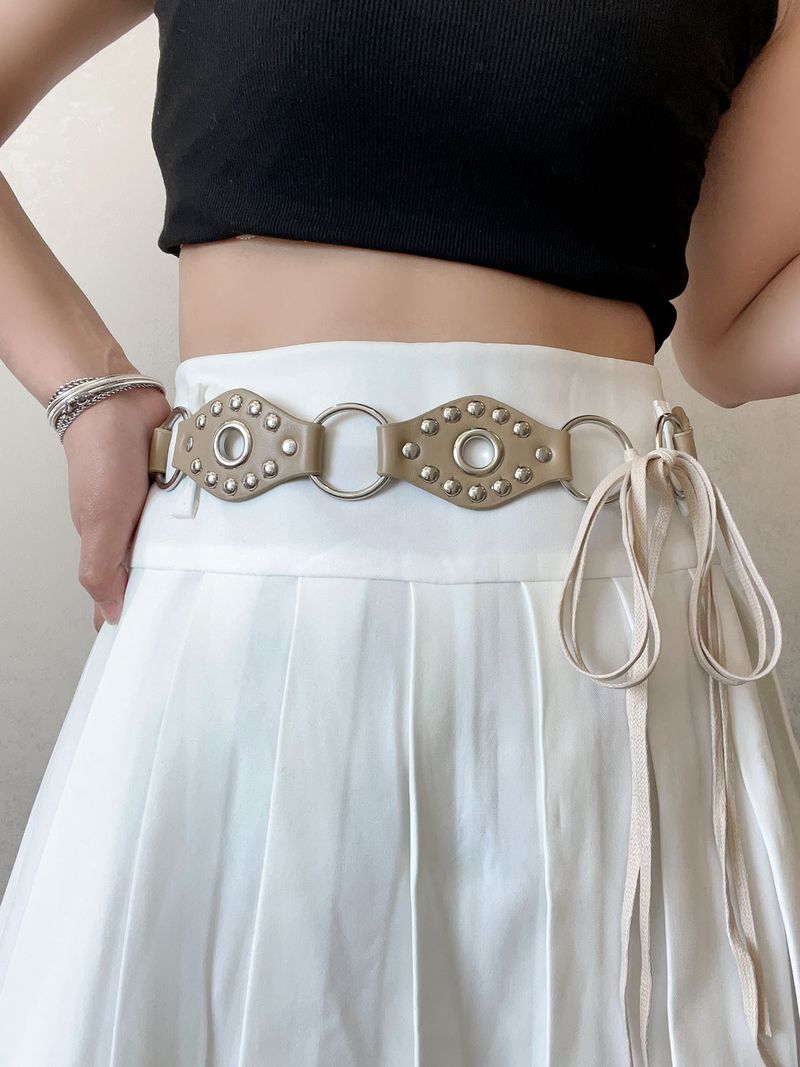 American Style Y2K Spicy Girl Round Ring Leather Patchwork Belt Black Rivet Metal Buckle Design Sense Tie Waist Rope_voghion.com