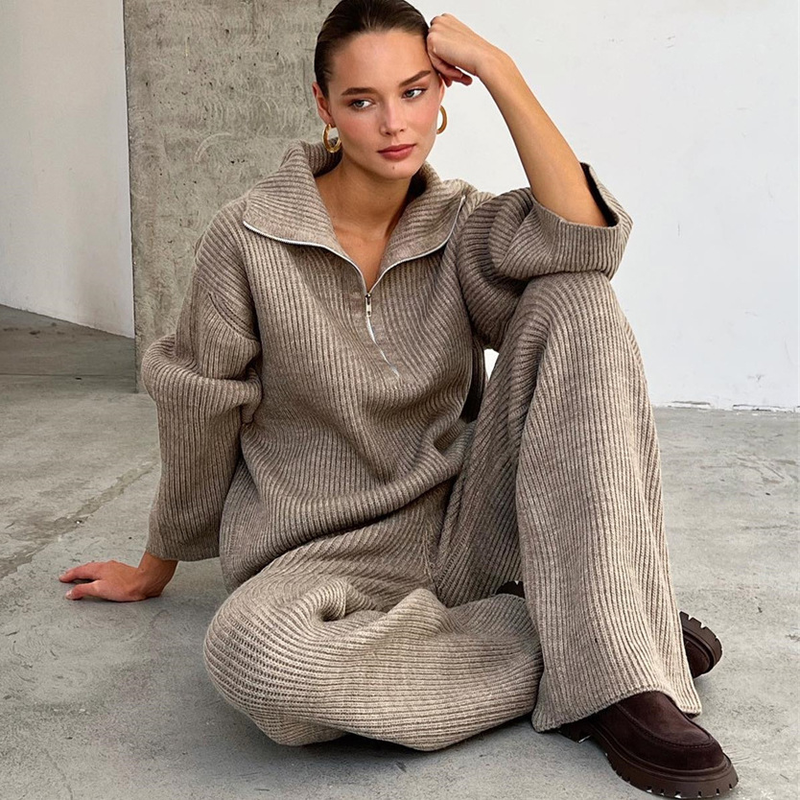 Women's Clothing solid color half zip sweater suit autumn women's two piece set new lazy style knitted jacket _voghion.com