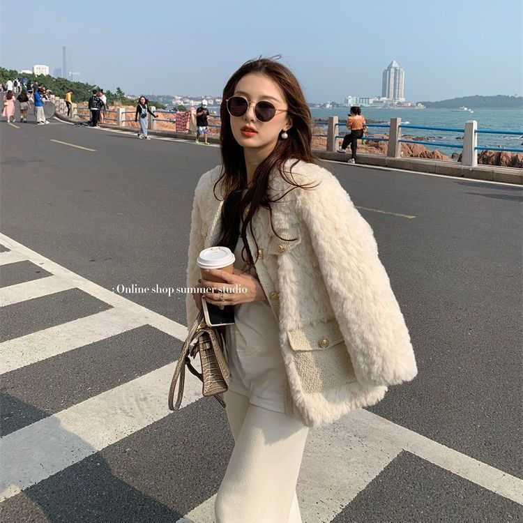 Cappotto da donna invernale, nuovo stile, in pelliccia di coniglio Coco, spesso, con scollo rotondo, in cotone per celebrità su Internet_voghion.com