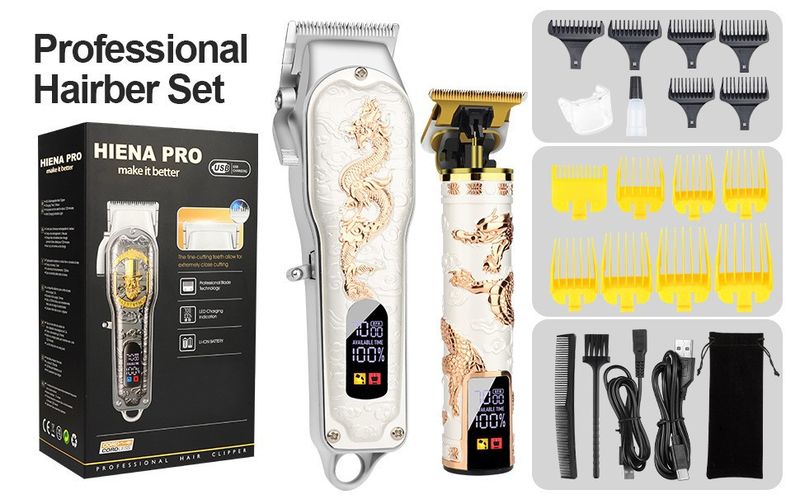 Professional Hair Clipper Set – Digital Display Cordless Trimmer With Detachable Blades & Dragon/High Hat Themed Covers_voghion.com