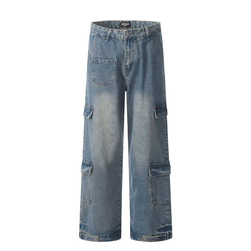 Pantaloni casual a gamba larga da strada, jeans cargo blu dritti lavati multitasche americani_voghion.com