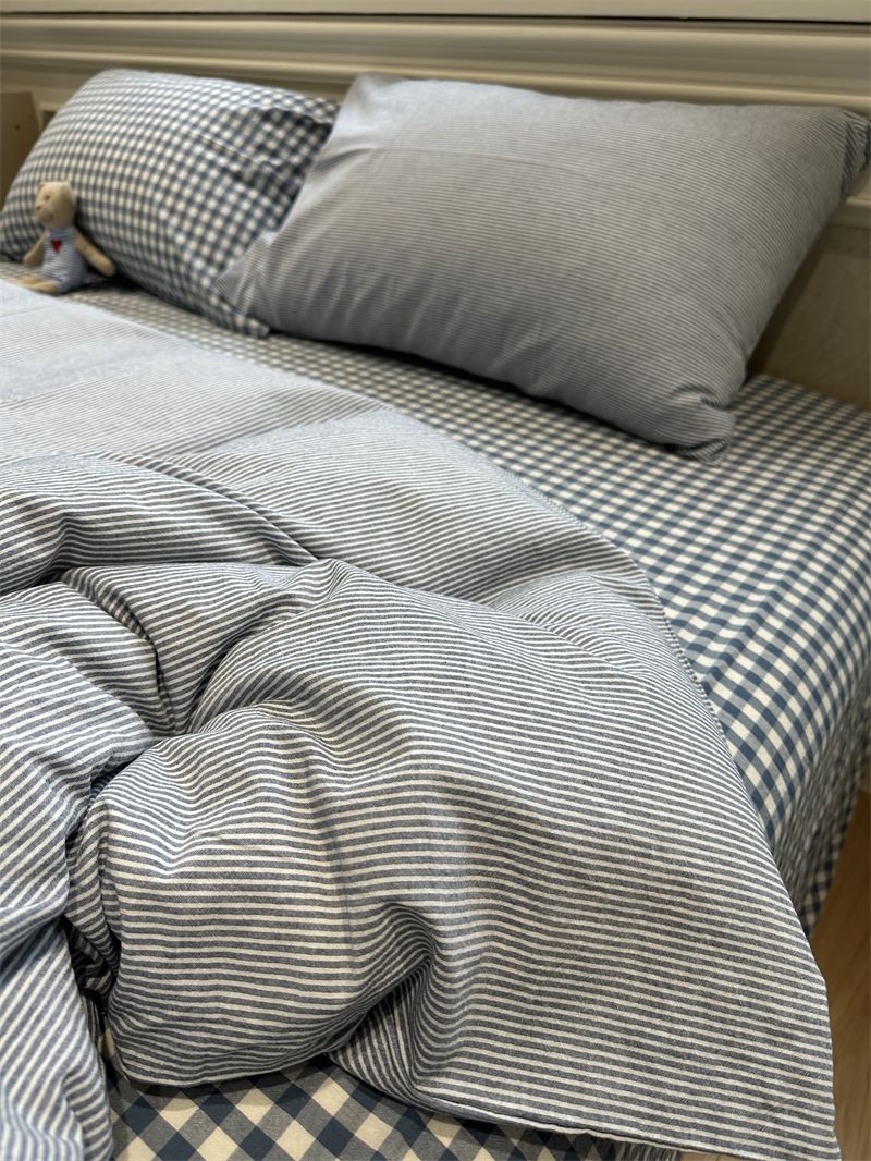 Minimalist Japanese Style Gray Plaid Bedding 100% Cotton 1.5m 1.8m Student Dormitory Duvet Cover Set 1.2m_voghion.com